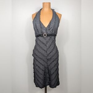 Vintage Y2K Honey Punch Little Black Mini Dress Halter Neck Size Medium Sequins